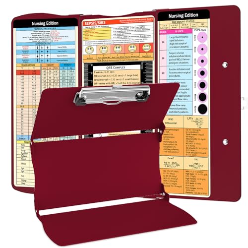 Nursing Clipboard Foldable Nurse Clipboard: Clinical Medical Folding Clip Board with Nursing Edition Cheat Sheets Pocket Size for Nurse Students Doctors Wine Red