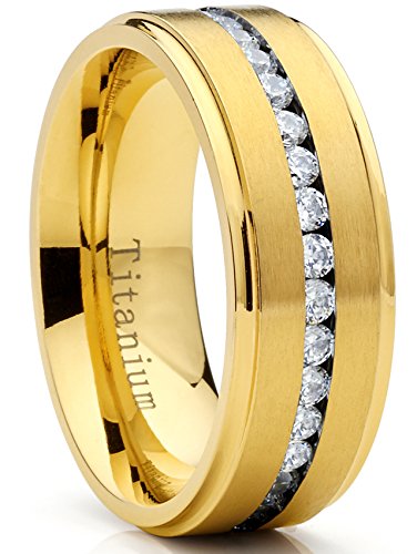 Metal Masters Goldtone Titanium Men's Eternity Wedding Band Ring with Cubic Zirconia CZ, Comfort Fit 8mm SZ 11.5