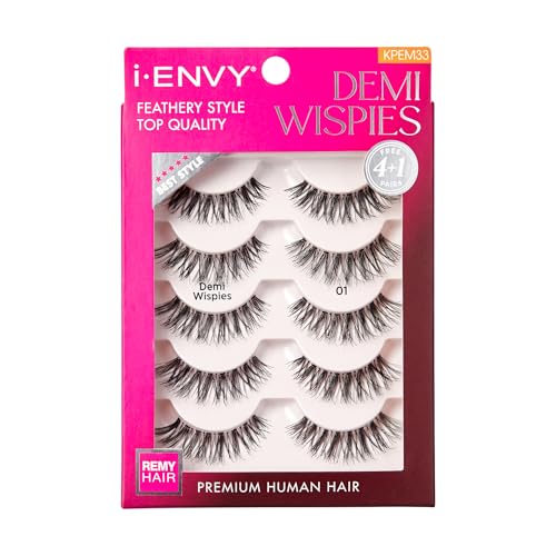 i-ENVY 5 Pairs Demi Wispies False Lashes (1 Pack), Premium Quality 100% Human Hair, Fluffy Feathered Eyelashes With Volume & Curl, Natural Look, Lightweight, Comfortable, Reusable for Everyday Wear