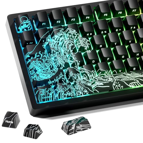 HITIME x XVX Kanagawa Keycaps 60 75 100 Percent - Shine Through Keycaps w/IMD Tech, for Mechanical Keyboards, Full 118 Key Set, OEM Profile, Lines Backlit, Side Printed - Black
