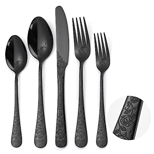 A · HOUSEWARE Floral Flatware Set Black for 6 Stainless Steel Silverware 30 Piece Cutlery Unique Eating Utensils Tableware Stylish Fork Spoon Knife With Embossing Rose Flower Handle Festival Parties