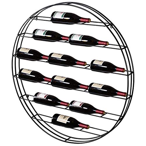 MyGift 12-Bottle Modern Black Metal Round Wall Mounted Wine Rack – 6-Tier Horizontal Storage Shelf for Kitchen, Living Room & Wine Cellar – Space-Saving Wall Decor & Cork Preservation