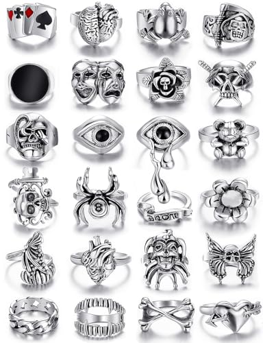 KISS WIFE Vintage Silver Punk Rings Set for Men, Cool Gothic Chunky Rings Bulk, Skull Snake Spade Ace Malachite Stackable Hippie Knuckle Rings Pack, Trendy Men's Jewelry