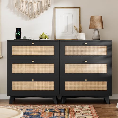 VIAGDO Black Rattan Nightstand Set of 2 with Charging Station, Natural Rattan Night Stand with 3 Large Rattan Decorated Drawers, Boho Bedside Table, End Side Table, 3 Drawer Rattan Dresser for Bedroom