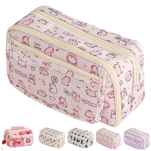 VTYFRY Cute Kawaii Pencil Case Pouch Cartoon Pen Box Holder Organizer for Office Workspace Supplies Desk Accessories Travel Essentials Aesthetic Trendy Cool Stuff Gift Large Capacity (Pink Kapibala)
