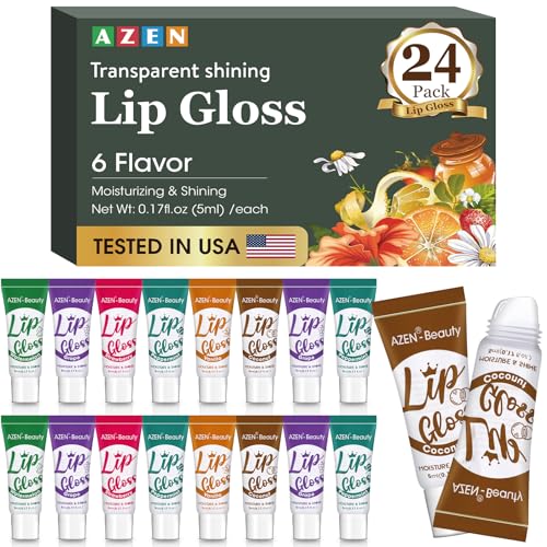 AZEN 24 Pack Lip Gloss Set, Clear Lip Gloss Bulk, Lip Oil for Dry Cracked Lips Moisturizing Hydrating Nourishing with Vitamin E