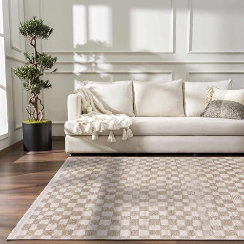 Hauteloom Pertek Modern Checkered Area Rug - Modern Geometric Carpet for Living Room, Kids Room, Nursery - Bohemian Boho Carpet - Cream, Beige, Gold - 7'10" x 10'