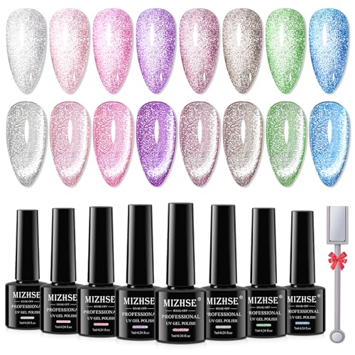 MIZHSE Glitter Cat Eye Gel Nail Polish, Magnetic Gel Nail Polish Set 8 Colors with Magnet Stick, Ice Sparkly Cateye Nail Gel Platinum Effect Winter Colors Soak Off Nail Art Salon Manicure Women Gift