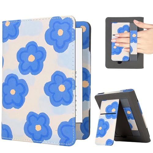 KEROM Case for 6" Kindle Paperwhite (10th/7th/6th/5th Generation, 2012-2018 Release), Premium PU Leather Cute Cover Case with Foldable Stand, Hand Strap, Card Slot, Auto Sleep/Wake - Blue Flowers
