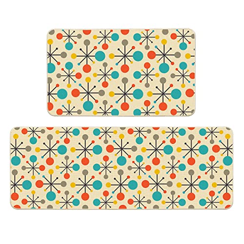 Mid Century Fifties Modern Atomic Kitchen Mats and Rugs Set of 2, Yellow Retro Floor Mats for Kitchen Sink Home Decor Cute Kitchen Rug Non Slip Washable, 17"x29"+17"x47"