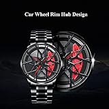 BOYADKA Car Wheel Watches for Men,Waterproof Stainless Steel Japanese Quartz Wrist Watch Sports Men’s Watches with Car Wheel Rim Hub Design for Men/Car Enthusiast (Red)