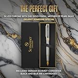 Scriveiner Personalized Silver Chrome Pen - Stunning Luxury Pen with 24K Gold Finish, Schmidt 18K Gilded Nib (Medium) Best Engraved Fountain Pen Gift Set for Men & Women, Custom Name Engraving