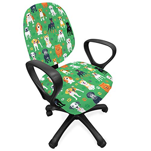 Ambesonne Dog Lover Office Chair Slipcover, Continuous Colored Pattern with Various Species and Tiny Paw Prints, Protective Stretch Decorative Fabric Cover, Sea Green