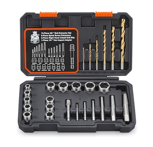 REXBETI 26-Piece Bolt Extractor Screw Extractor Set and Cobalt Drill Bit Set, Case with 13-Piece Bolt Extractor, 6-Piece HSS Drill Bit, 6-Piece Spiral Screw Extractor and 1-Piece Socket Adapter