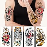 77 Sheets Classic Temporary Tattoos Adult Men, Traditional Colorful Realistic Half Arm Fake Tattoo Sleeve, Flower Butterfly Snake Owl Shark for Women,Kids