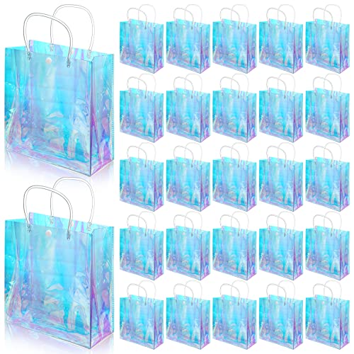 Sherr 25 Pcs Clear Holographic Small Gift Bag Iridescent Reusable PVC Plastic Gift Wrap Tote Bag for Shopping Wedding Birthday Baby Shower Party Favor, 7.87" x 7.87" x 3.15"