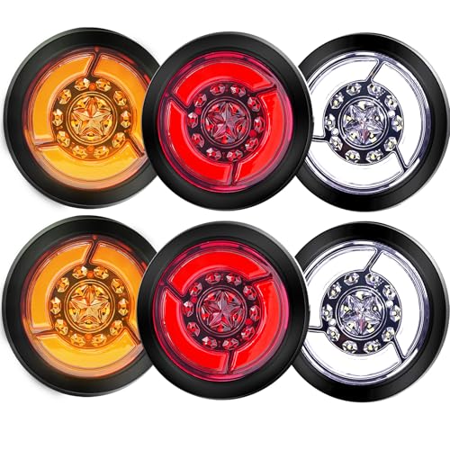Ourbest 4 Inch Round Led Trailer Tail Lights Kit, Universal Rubber Grommet Stay/Strobe TailLights 24V Truck Brake Lamp/Turn Signal Stop Lights/Back-up Reverse Lights 6PCS (2 Red+2 White+2 Yellow)