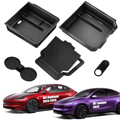 XINTUO Upgraded Tesla Model 3 Accessories 2025-2024 Highland Center Console Organizer Tray 5PCS for Tesla Model Y Juniper Accessories 2025, Hidden Storage Box, Cup Holder & Armrest Drawer Organizer