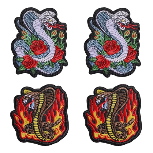 beinkmake 4Pcs Snake and Roses Embroidered Applique Animal Punk Patch Sew Iron on Patches Cobra Badge Emblem for Clothing Jackets Jeans Backpacks Hats