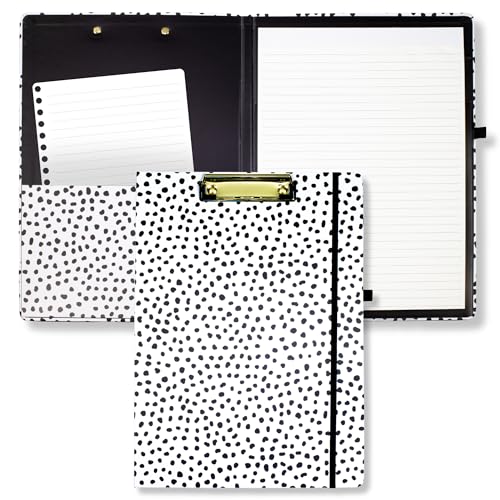 Steel Mill & Co Cute Clipboard Folio with Refillable Lined Notepad and Interior Storage Pocket, Black and White Padfolio for Work, Black Dots