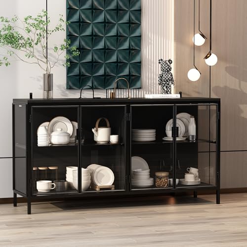 TAMUNE Sideboard Display Cabinet with Lights, 4 Glass Doors, Buffet Sideboard with Glass Shelf, Buffet Cabinet Glass Storage Cabinet for Living Room Kitchen, Black, 15.7”D x 55.1”W x 29.5”H