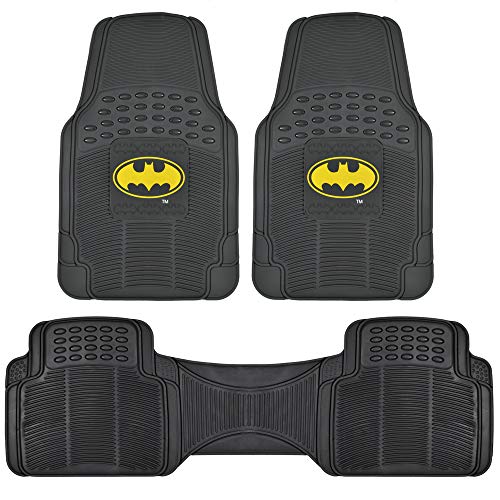 BDK Warner Bros DC Comics Batman Heavy Duty Rubber Floor Mats 3pc Set Car Accessories - No-Slip Grip, All Weather Protection, Trimmable, 2 Front Car Mats 27” x 18” & 1 Rear Liner 18” x 58”