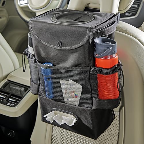 High Road StashAway Large Car Trash Can for Back Seat - Car Garbage Bag With Tissue Holder and Bottle Pockets - Seatback Organizer With 3 Gal Trash Can With Lid for Vans, SUVs and Trucks