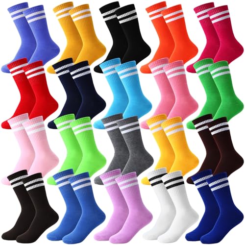 Jeere 20 Pairs Colorful Striped Crew Socks Athletic Crew Solid Color Striped Cotton Tube Half Women Men Socks(Multicolor)