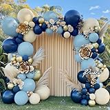 Navy Blue Balloon Garland Double Stuffed Dusty Blue Gold White Sand Balloons Beige Cream Metallic Latex Arch Kit for Neutral Baby Shower Graduation Birthday Party Decoration