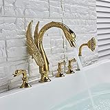 WuDLi Widespread Swan Bathtub Faucet Golden Tub Mixer Tap Deck Mounted 3 Handle Swan Bath Shower Set with Pull Out Handshower Head,Swan Faucet B