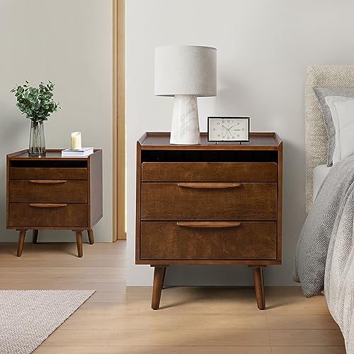 HULALA HOME 2 Drawer Nightstand with Charging Station, Mid-Century Modern Bedside Tables with Wood Legs, Wood Night Stand with Pull-Out Shelf Set of 2, Walnut