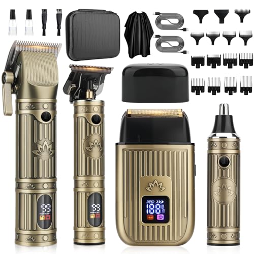 Bomxin Hair Clippers for Men Professional, T-Blade Barber Clippers and Trimmer Set, 4 in 1 Mens Cordless Hair Clipper for Barber Kit, Foil Thaver and Nose Trimmer for Men with LED Display