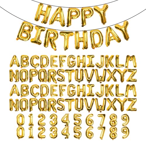 [85 PCS] 16" Gold Letter Number Balloons, Happy Birthday & 2 Sets of A-Z 0-9, Foil Mylar Aluminum Hanging Alphabet for Graduation New Year eve Birthday Party Decorations