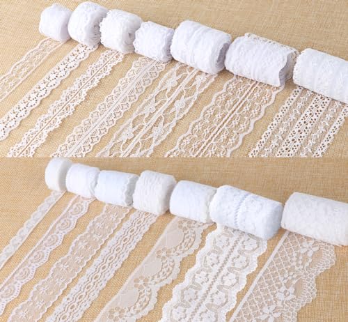 ilauke 46 Yards White Lace Ribbon 14 Rolls Vintage Lace Trims 0.6 to 2.1 inch Ribbon Laces with Assorted Pattern for Sewing, Crafts, Wedding Decor, Flower Ribbons, 3.28 Yards Each