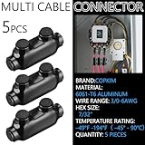 Copkim 5 Pcs Insulated Wire Connectors Black Splice Connector 2 Ports Multi Cable Soldering Lugs Double Side Entry Cable Splicers with Oxide Inhibitor (3/0-6 Wire Range)