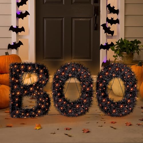 ATDAWN 3 Piece Outdoor Boo Sign Halloween Decoration, Lighted Boo Yard Display Set, Boo Yard Sign for Halloween Indoor Lawn Decor, Black & Orange