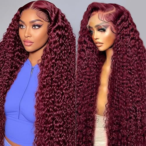 Estilar 30 Inch 99j Burgundy Lace Front Wigs Human Hair 13x6 Deep Wave HD Lace Front Wigs Pre Plucked with Baby Hair 200 Density Glueless Wet and Wavy Red Wine Colored Wigs Human Hair for Women