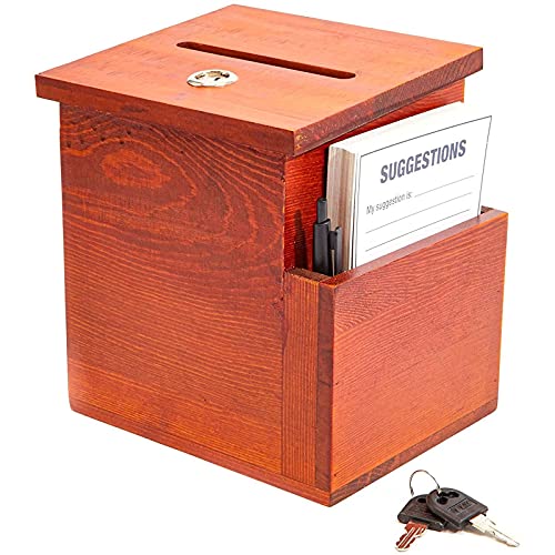 Juvale Wooden Suggestion Box with Lock and Keys, Brown Ballot Box with 50 Blank Suggestion Cards, Locking Lid and Side Slot for Donation, Comments, Feedback (7.5 x 7.1 x 5.5 In)