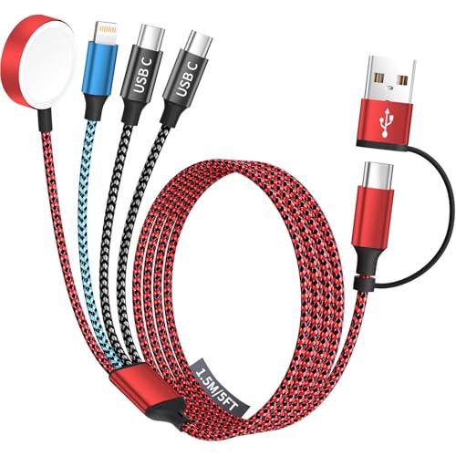 Travel Essentials 4in2 Multi Charging Cable for Apple Watch Charger,USB A/C to Dual Type C/IP/iWatch Charger,Travel Chargers for Multiple Devices Compatible with iWatch Series&iPhone 16-12 5FT