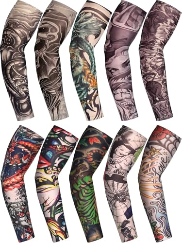 Boao 20 Pcs Men's Cooling Arm Sleeves Long Fingerless Arm Cover Anti Slip UV Protection Sun Temporary Tattoo Sleeves(Large,Novelty Style)