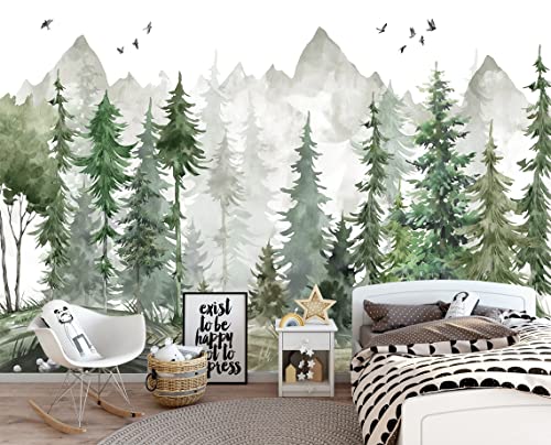 MFWFM Green Forest Wall Mural Watercolor Woodland Wallpaper for Nursery Room (Not Peel n' Stick)