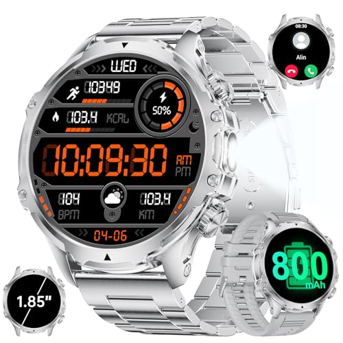 SUNKTA Military Smart Watch for Men,1.85" HD/800mAh Battery Smart Watches with LED Flashlight for Android iOS (Bluetooth Call Answer/Calls) Fitness Tracker with Heart Rate/Sleep Tracking/Blood Oxygen