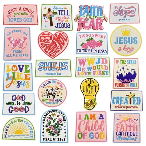 20 Pcs Iron On Patches for Clothes & Hats - Christian Bible Verse Embroidered Trucker Hat Patches DIY Sew On Applique for Jacket Jeans Backpack