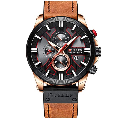 CURREN Mens Watches Luxury Chronograph Big Dial Male Watch Wrist Leather Waterproof Sport Army Military (rose gold brown)