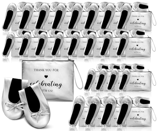Cuffbow 24 Pairs Bulk Flats for Wedding Guest Bulk Foldable Ballet Foldable Shoes Party Slippers for Bride Bridesmaids Women(Silver)