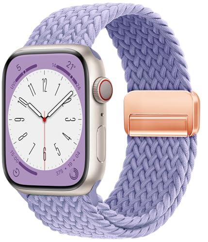 OMECKY Magnetic Braided Solo Loop Band Compatible with Apple Watch Series 10 42mm 9 8 7 6 5 4 40mm 41mm for Women Men, Stretchy Nylon Elastic Sport Strap for iWatch SE, B-Lavender