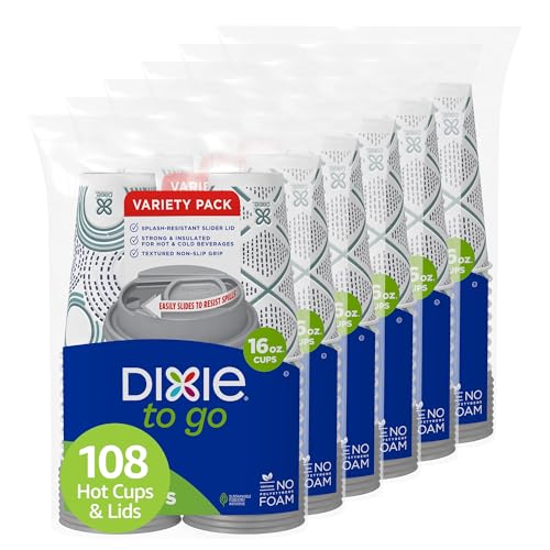 Dixie To Go Paper Coffee Cups With Lids, 16 oz, 108 ct, Disposable Insulated Paper Cups for On-The-Go Hot or Cold Beverages