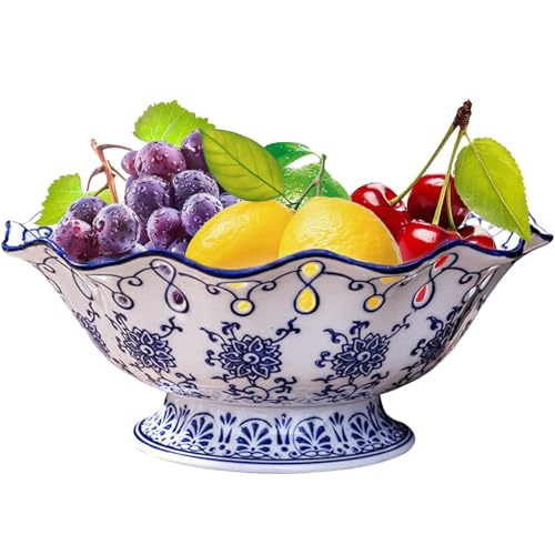 YYMayLsh Fruit Bowl Ceramic Fruit Serving Plate Blue and White Chinoiserie Decor Bowl with Foot for Living Dining Room (9.5in)