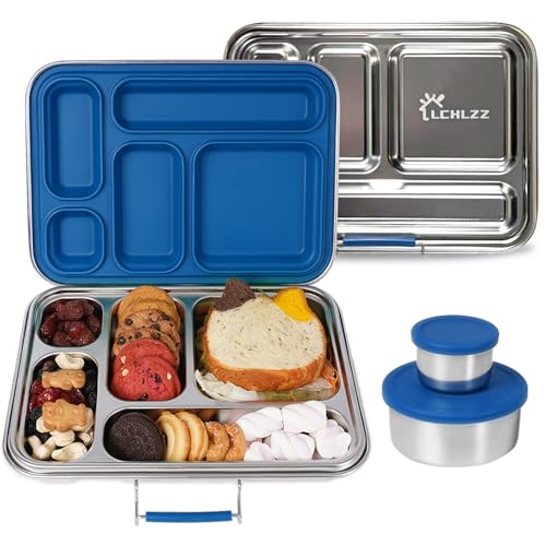 LCHLZZ Stainless Steel Bento Box, 5 Compartments Bento Lunch Box with 2 Containers, Leakproof Lunch Box Containers BPA Free, 304 Stainless Steel Bento Box for Office, Travel, Dishwasher Safe