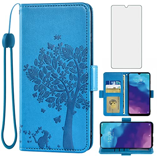 Asuwish Compatible with ZTE Blade A7 Prime/A 7 2020 Wallet Case and Tempered Glass Screen Protector Flip Accessories Wrist Strap Credit Card Holder Stand Cell Phone Cover for A7Prime Women Men Blue